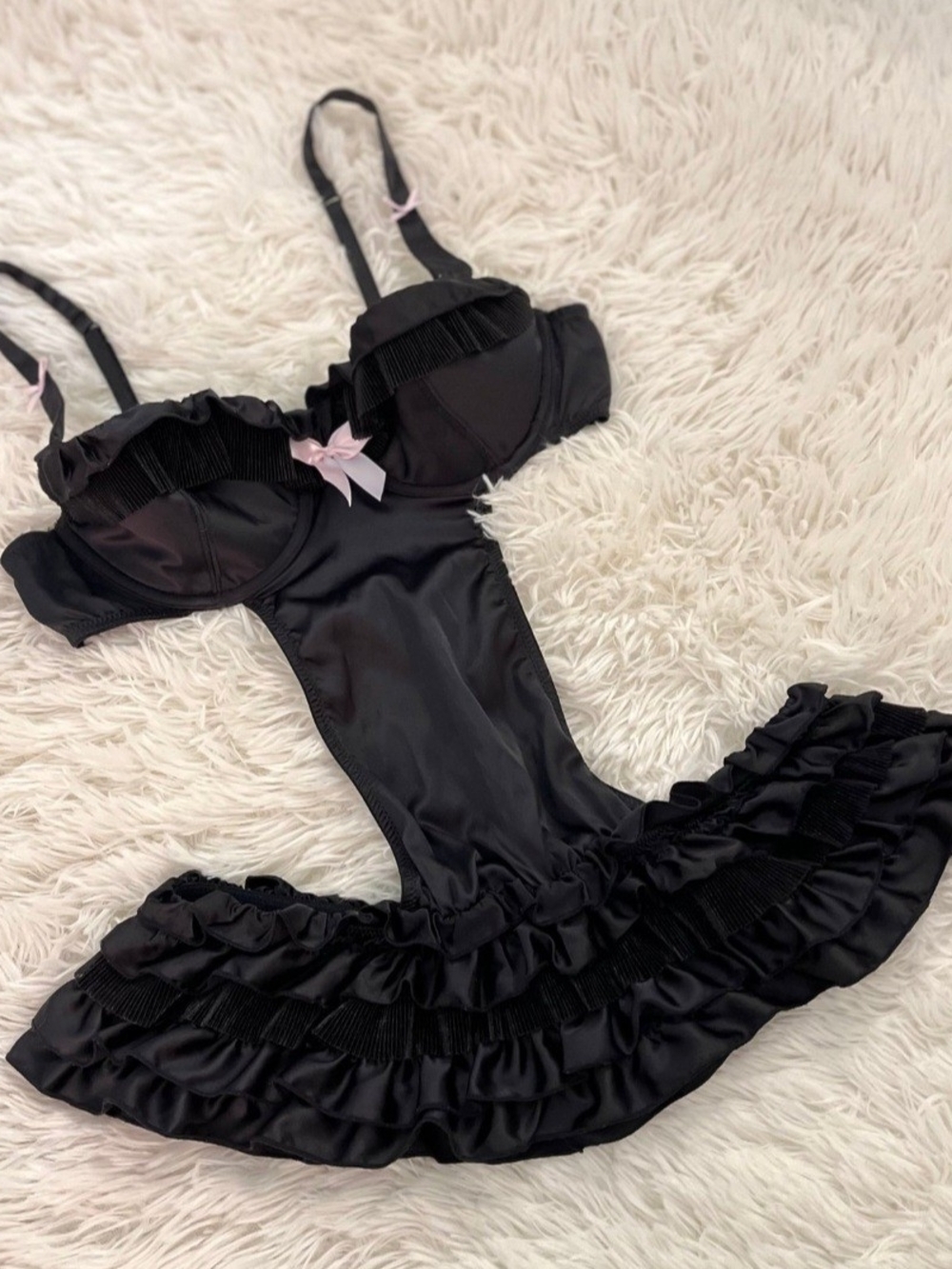 Victoria's Secret Black Satin Ruffle Teddy with Pink Bows 36C